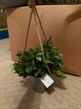 Hanging Artificial Greenery in Galvanized Planter